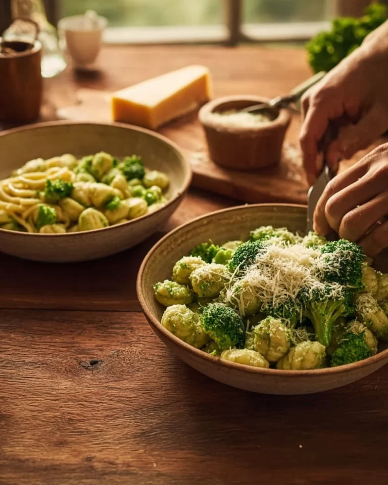 Bowl of easy healthy broccoli pasta with fresh vegetables and herbs