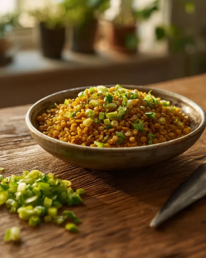Dish of easy Mediterranean lentils and rice served in a bowl