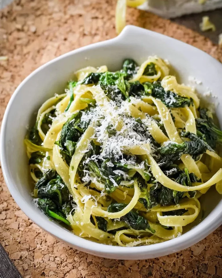 Delicious fettuccine pasta with fresh spinach and creamy sauce