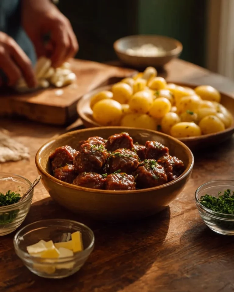 Garlic Butter Beef Bites served with potatoes in a delicious dish