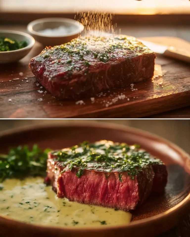 Delicious Garlic Butter Steak with creamy Parmesan sauce served on a plate