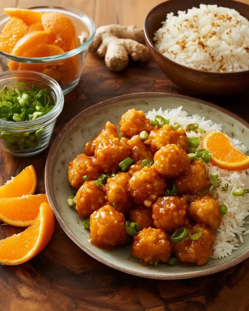 Plate of gluten-free orange chicken garnished with green onions and sesame seeds.