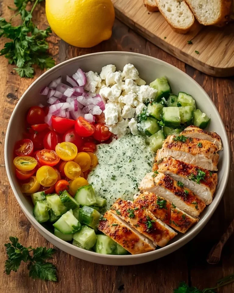 Healthy Greek Chicken Bowls with fresh vegetables and grains