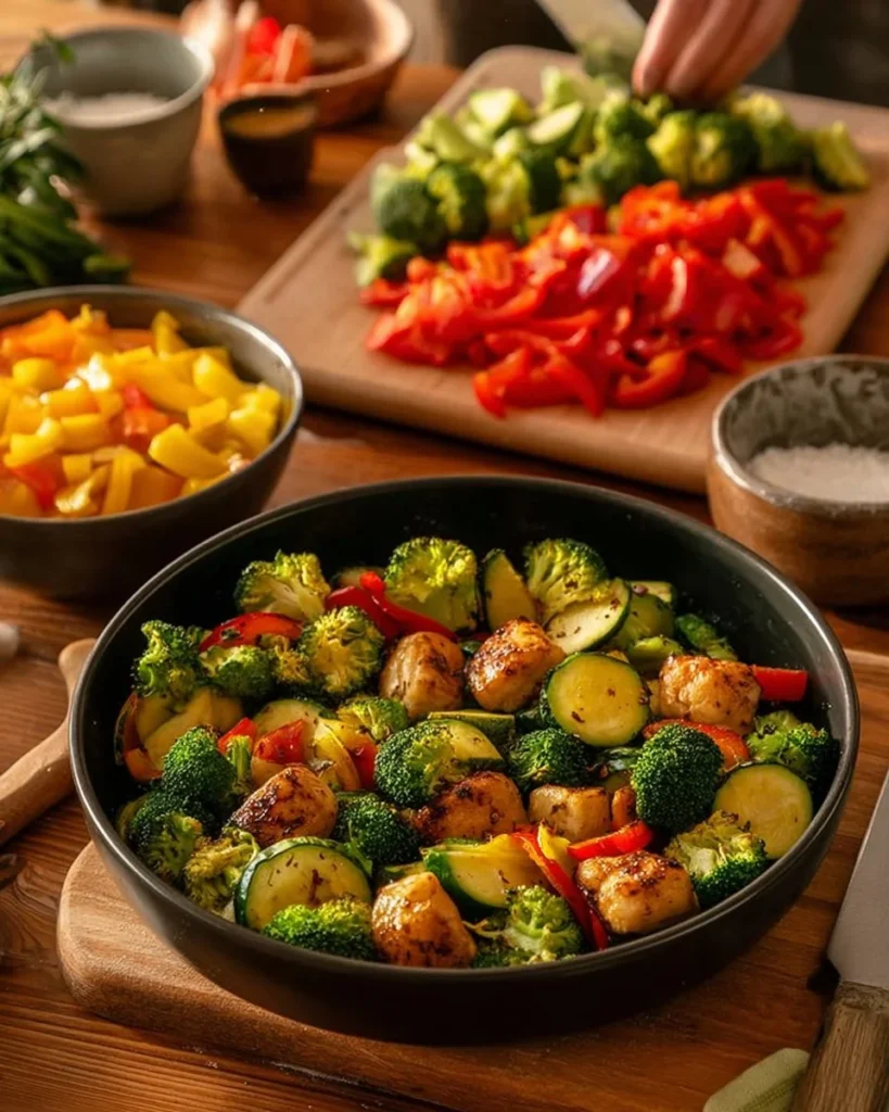 Healthy chicken and vegetables skillet served in a frying pan.