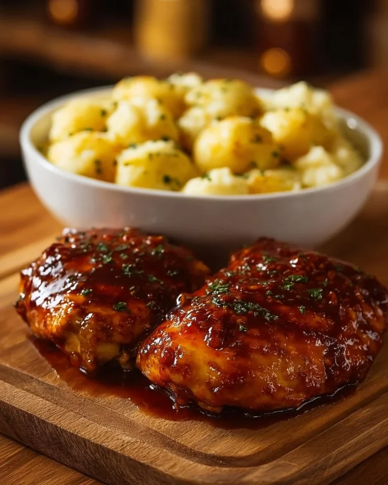 Honey BBQ Chicken served with Cheesy Garlic Parmesan Potatoes on a plate.