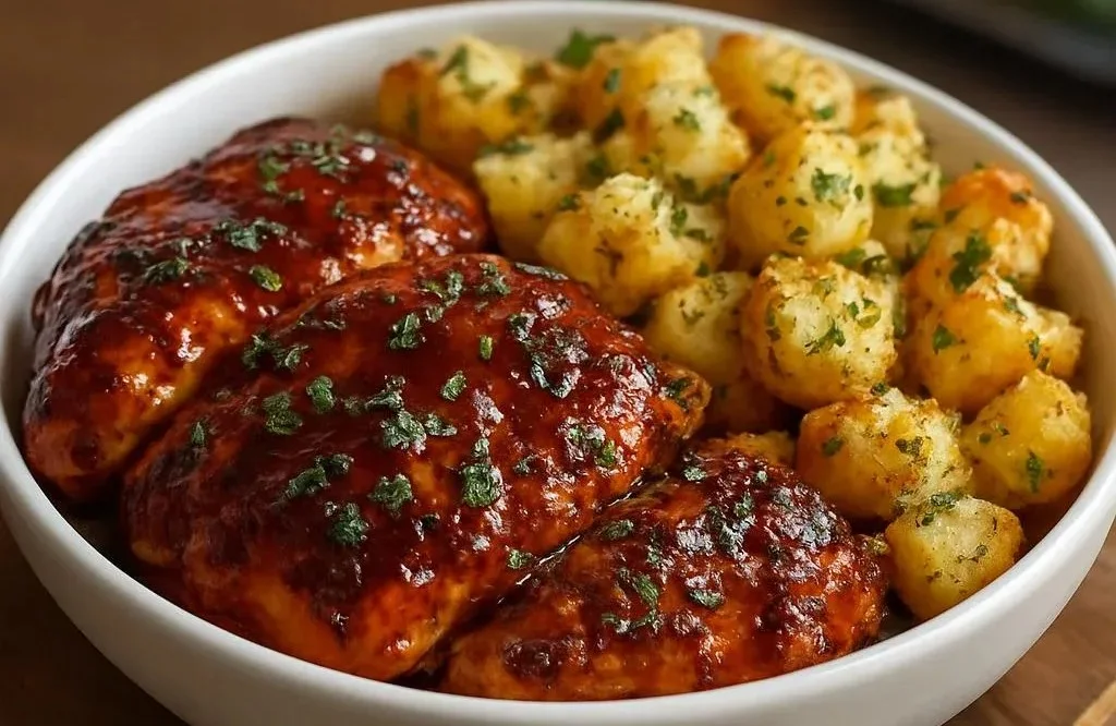 Honey BBQ Chicken with Cheesy Garlic Parmesan Potatoes