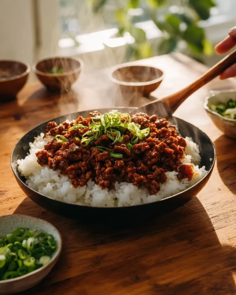 Korean Ground Beef Bowl with vegetables and rice
