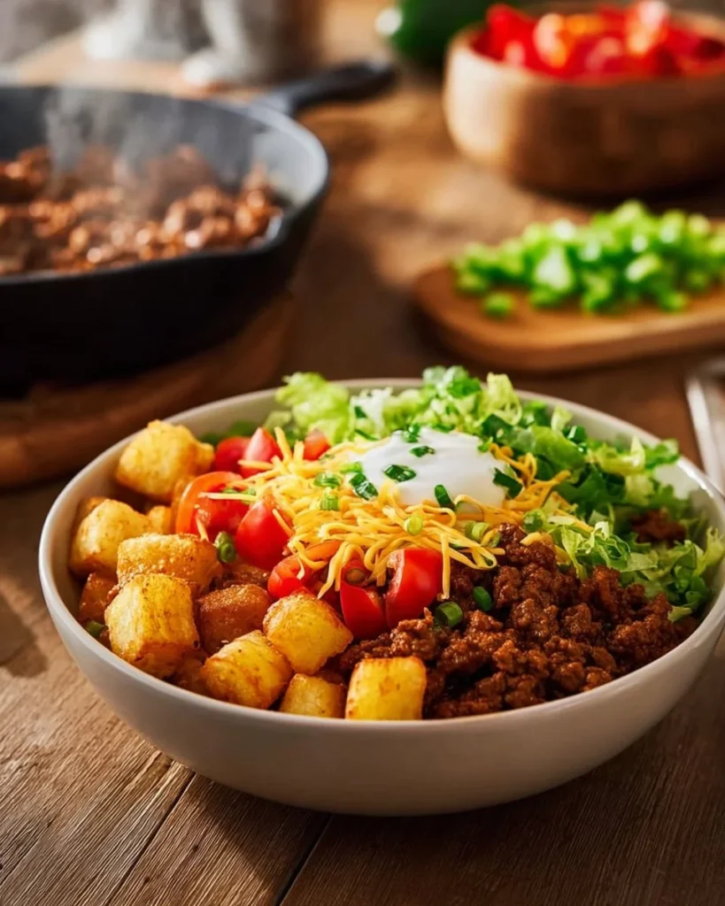 Loaded Potato Taco Bowl with crispy potatoes and delicious toppings