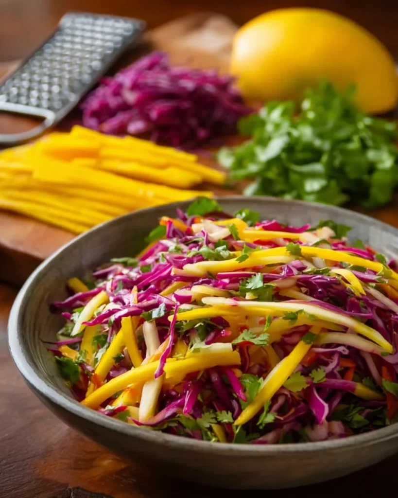 A colorful bowl of mango slaw with fresh mango, cabbage, and vegetables.