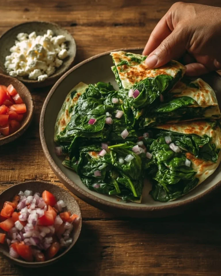 Mediterranean Quesadillas with spinach, feta, mozzarella, and red onion on a plate.