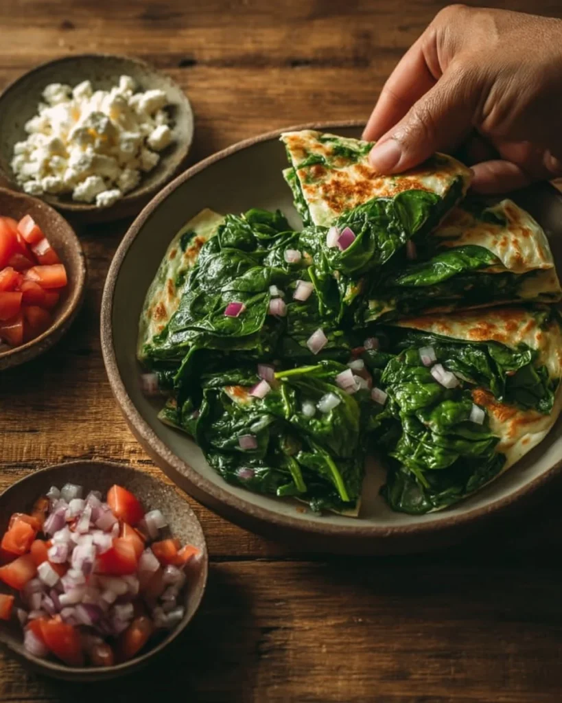 Mediterranean Quesadillas with spinach, feta, mozzarella, and red onion on a plate.