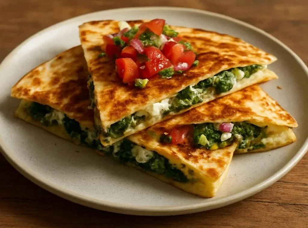 Mediterranean Quesadillas with Spinach, Feta, Mozzarella, and Red Onion