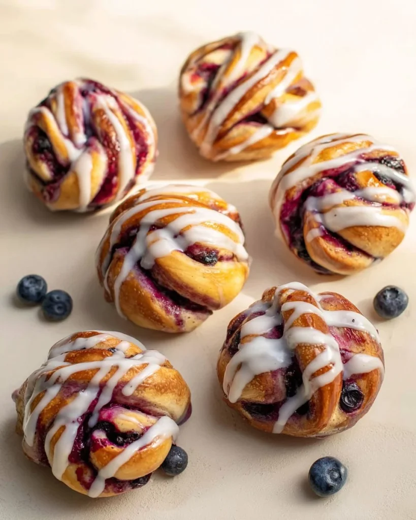 Muffin tin braided blueberry rolls freshly baked and displayed on a plate