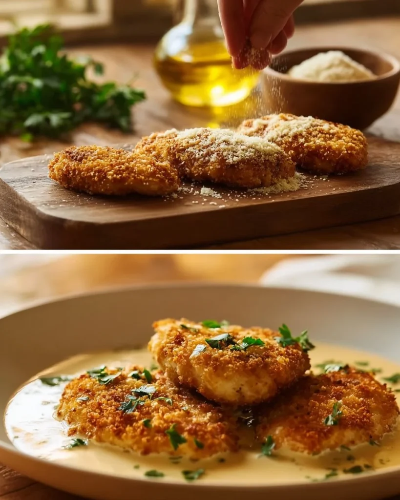 Parmesan Crusted Chicken served with creamy garlic sauce on a plate