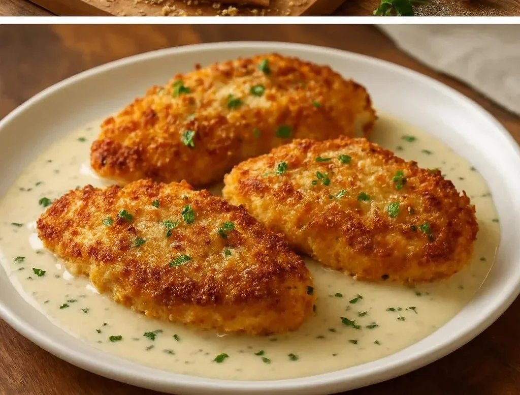 Parmesan Crusted Chicken with Creamy Garlic Sauce – Easy Family Dinner Recipe