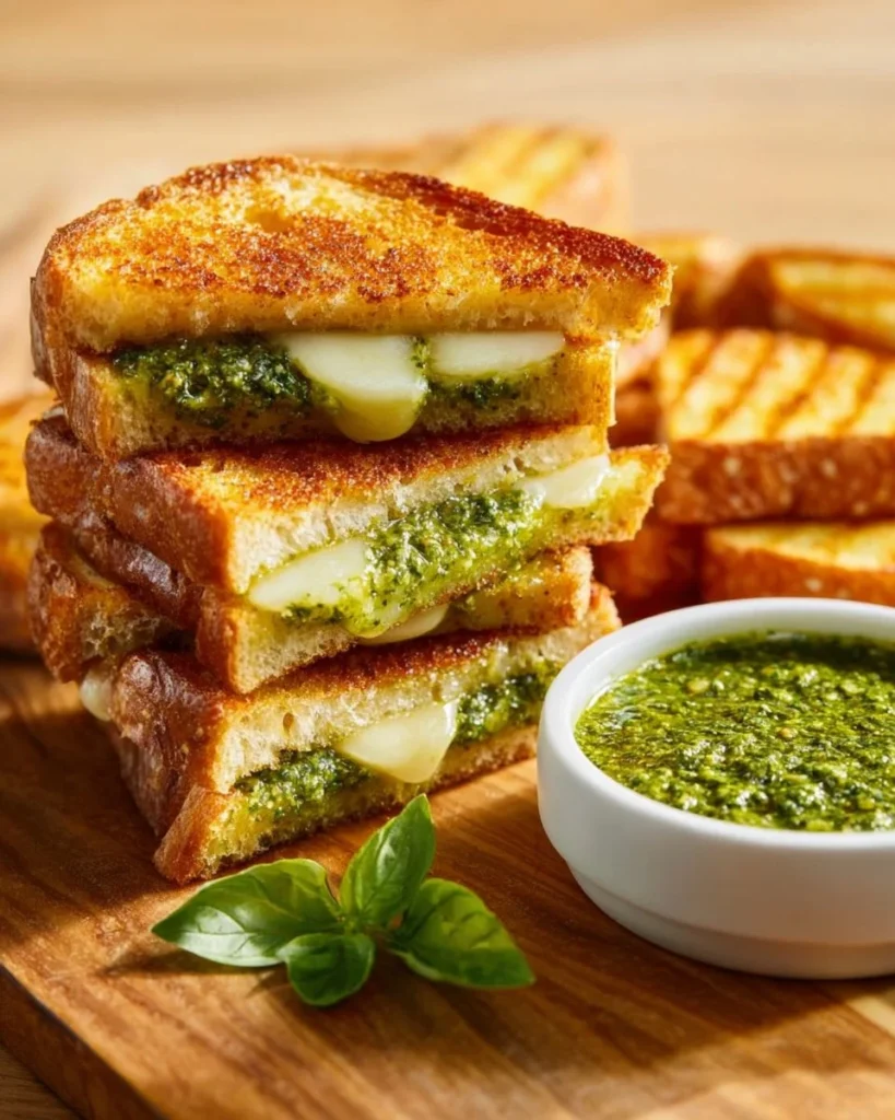 Delicious pesto grilled cheese sandwich with melted cheese