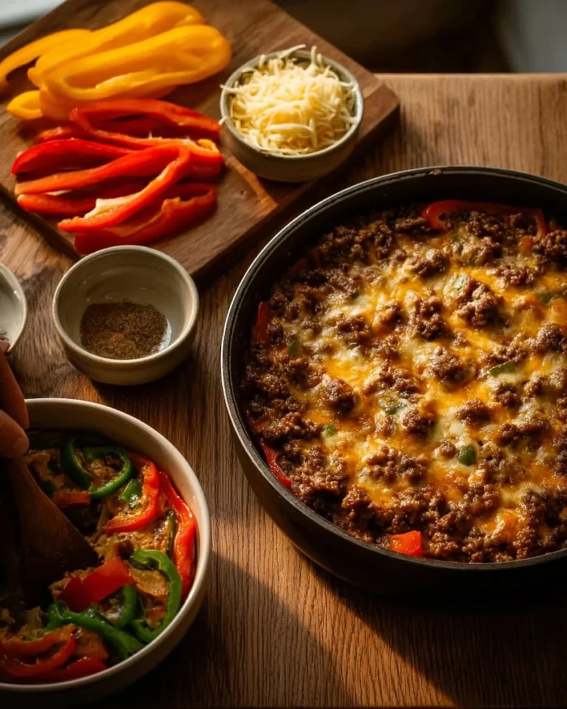 Philly Cheesesteak Skillet with beef, cheese, and bell peppers in a frying pan.