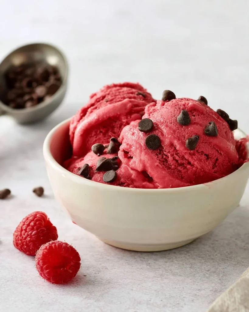 Delicious bowl of Raspberry Frozen Yogurt topped with fresh raspberries.