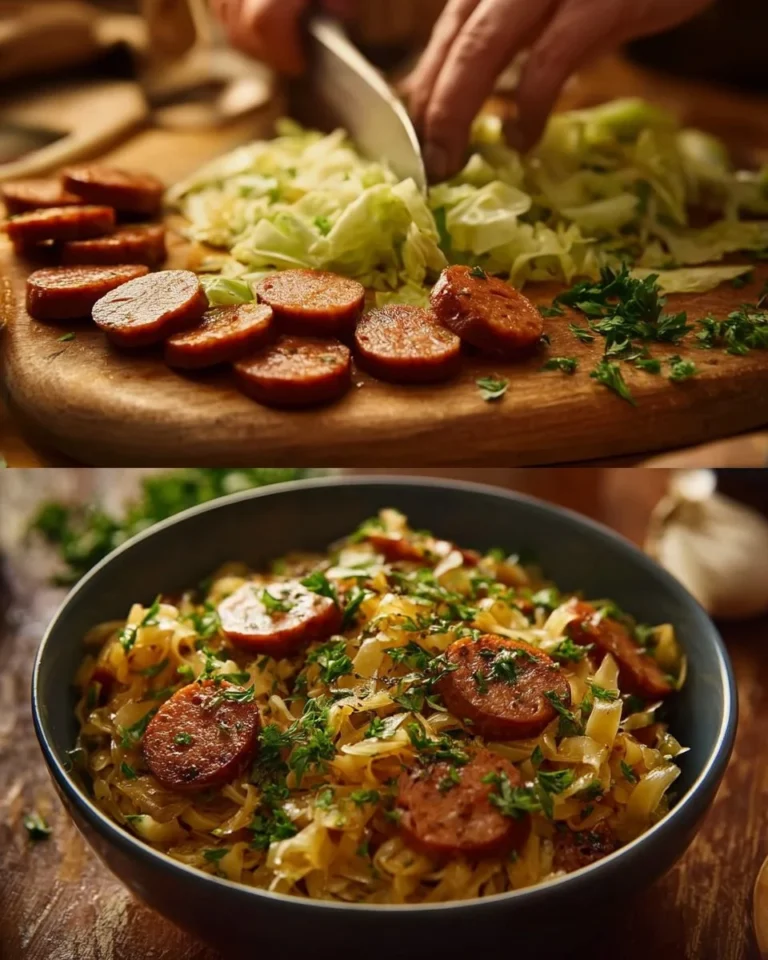 Sausage and Cabbage Stir Fry served on a plate with colorful vegetables