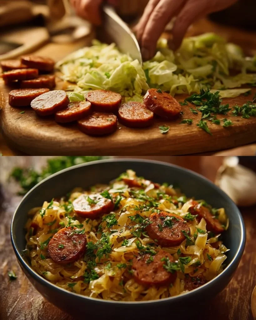 Sausage and Cabbage Stir Fry served on a plate with colorful vegetables