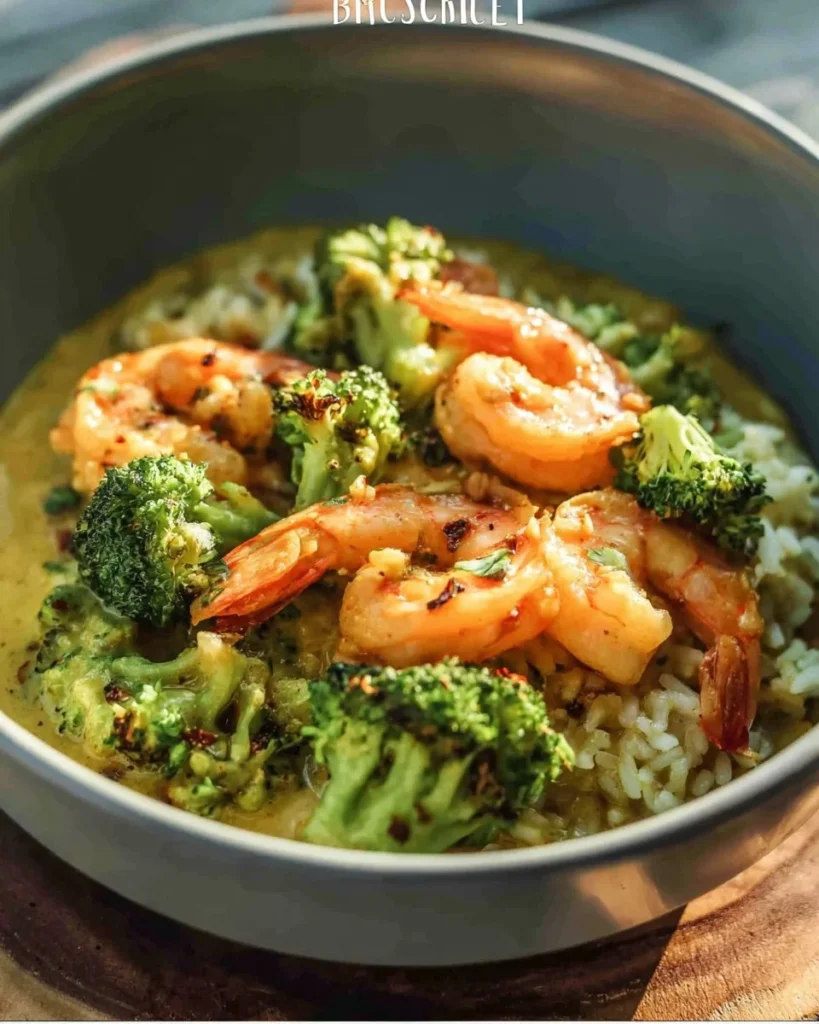 Shrimp curry dish served with broccoli and rice on a plate