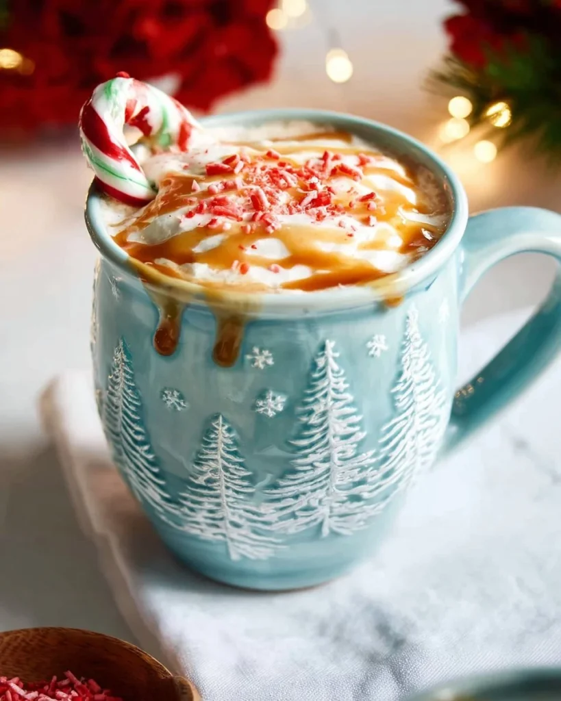 Creamy spiked butterscotch hot chocolate topped with whipped cream and a drizzle of caramel