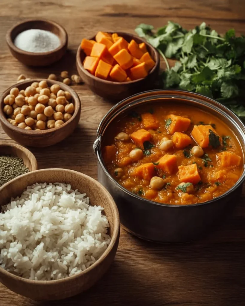 Delicious sweet potato and chickpea curry in a bowl topped with fresh herbs