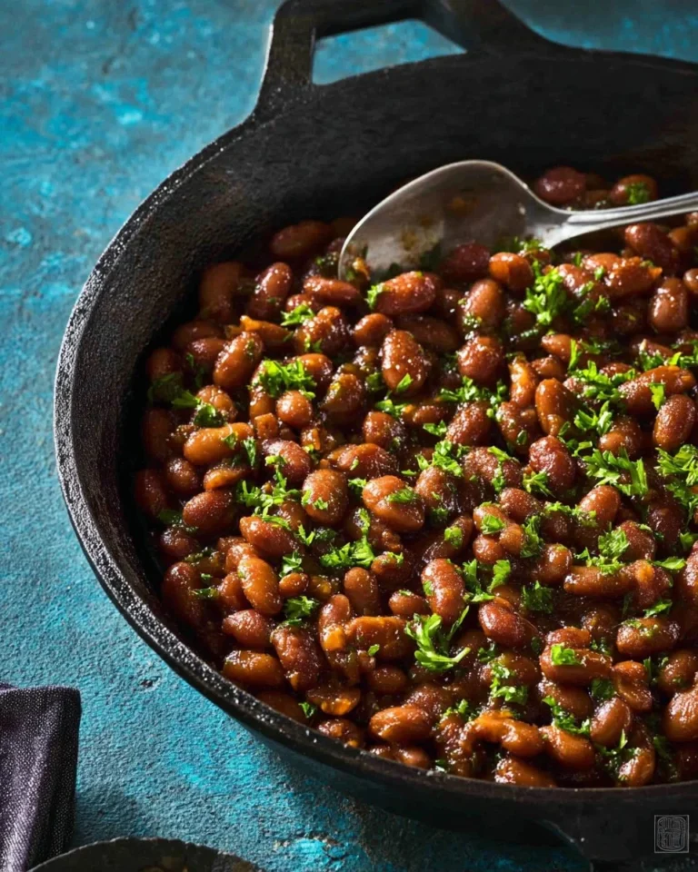 A bowl of traditional Boston Baked Beans garnished with herbs.