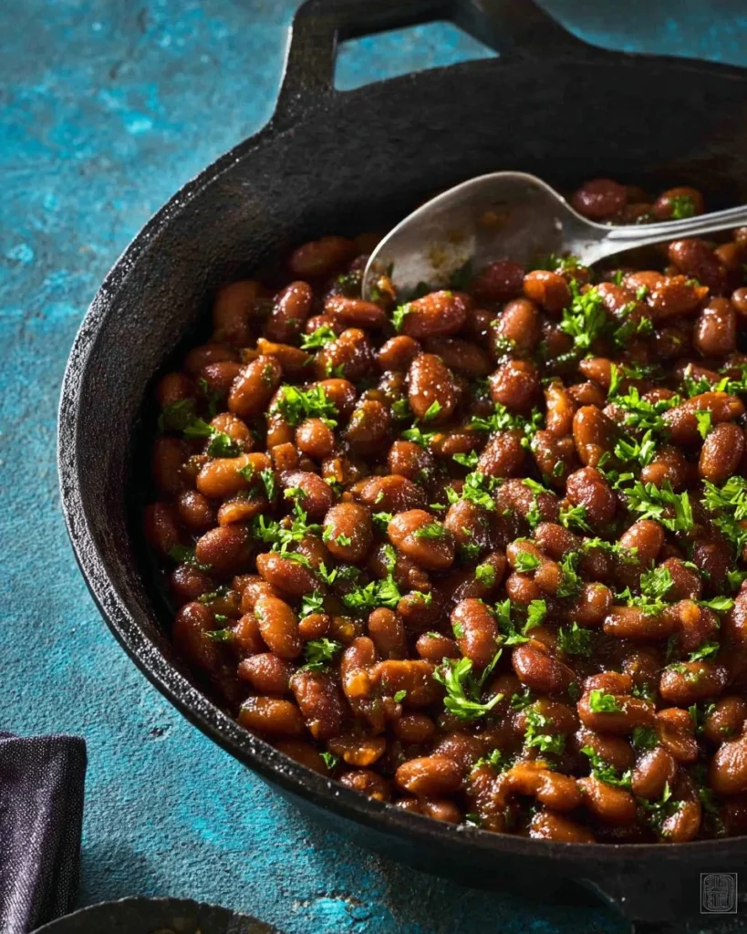 A bowl of traditional Boston Baked Beans garnished with herbs.
