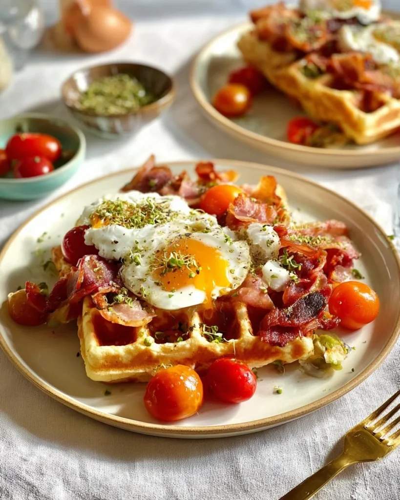 Luxurious breakfast featuring waffles, quail eggs, bacon, and maple syrup.