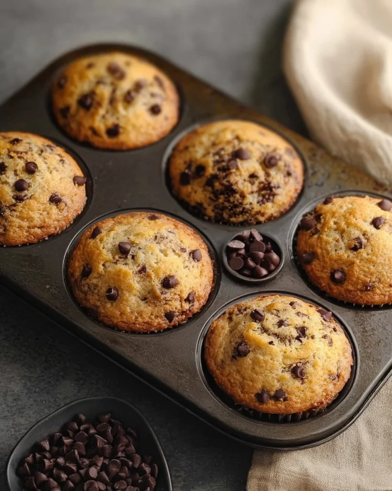 Bakery-style banana chocolate chip muffins ready to serve with chocolate chips on top.