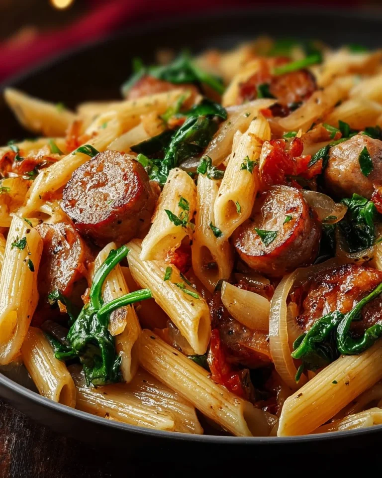 A delicious bowl of Cajun Sausage Pasta garnished with herbs.
