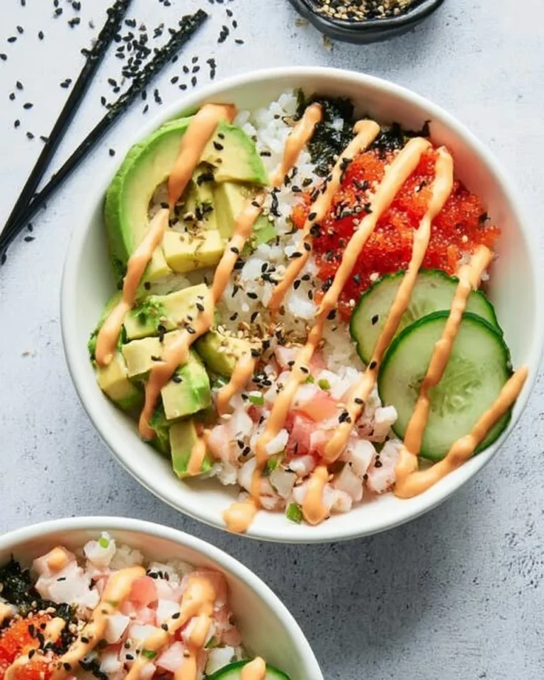California Roll Sushi Bowl with fresh ingredients and toppings