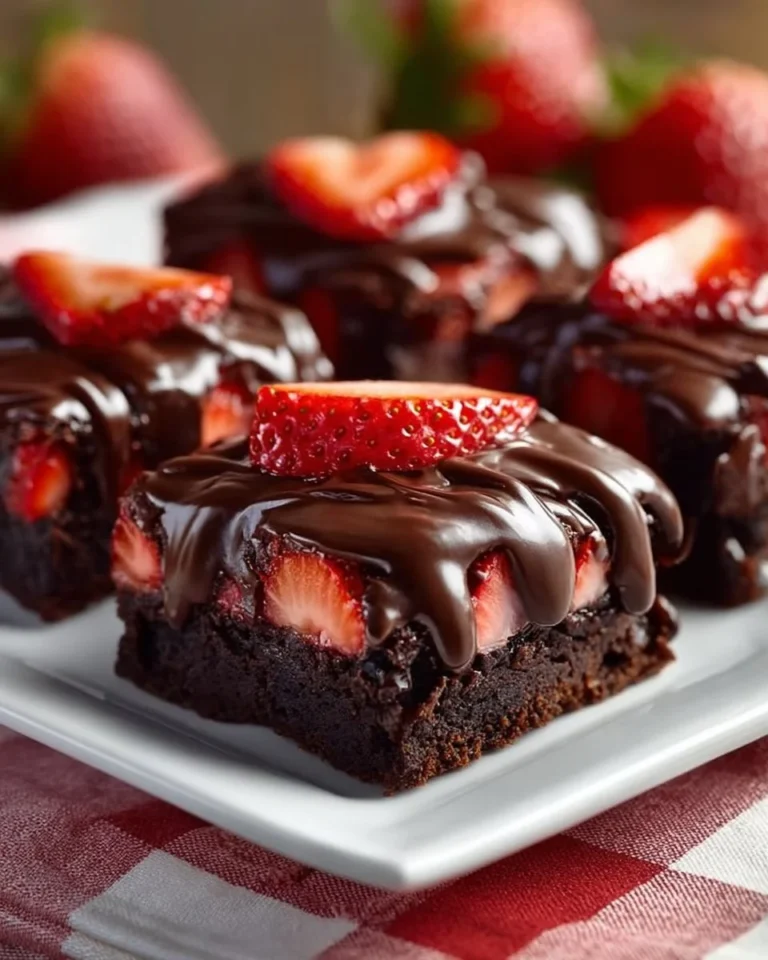 Decadent chocolate covered strawberry brownies topped with fresh strawberries