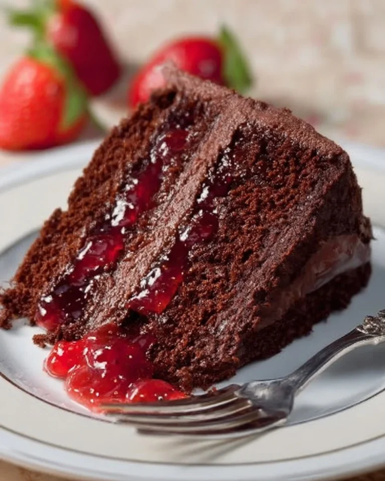 Delicious Chocolate Strawberry Cake topped with fresh strawberries and chocolate drizzle