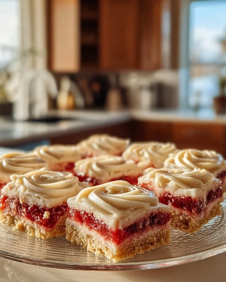 Delicious Cream Cheese Rhubarb Bars topped with creamy frosting and rhubarb slices.