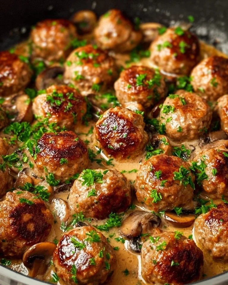 Creamy mushroom chicken meatballs served in a rich sauce