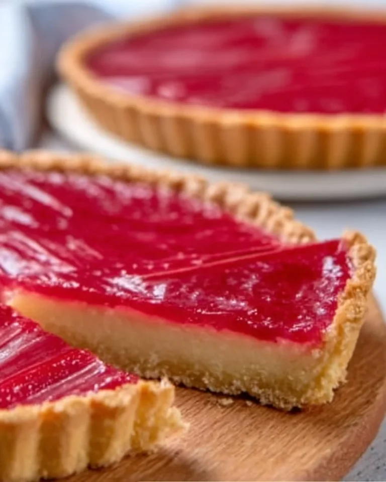 Delicious creamy rhubarb custard tart on a rustic wooden table