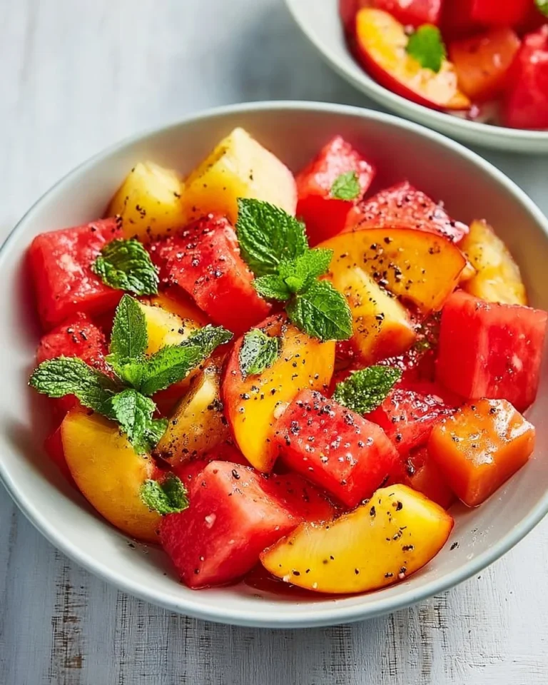 Delicious peach watermelon salad served in a bowl with fresh mint.