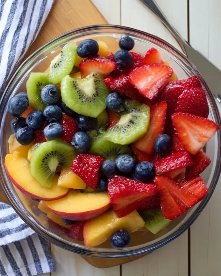 Colorful fruit salad drizzled with honey lime dressing in a bowl
