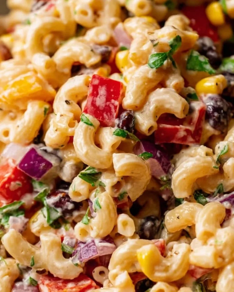 Bowl of colorful Mexican Macaroni Salad with fresh vegetables and dressing