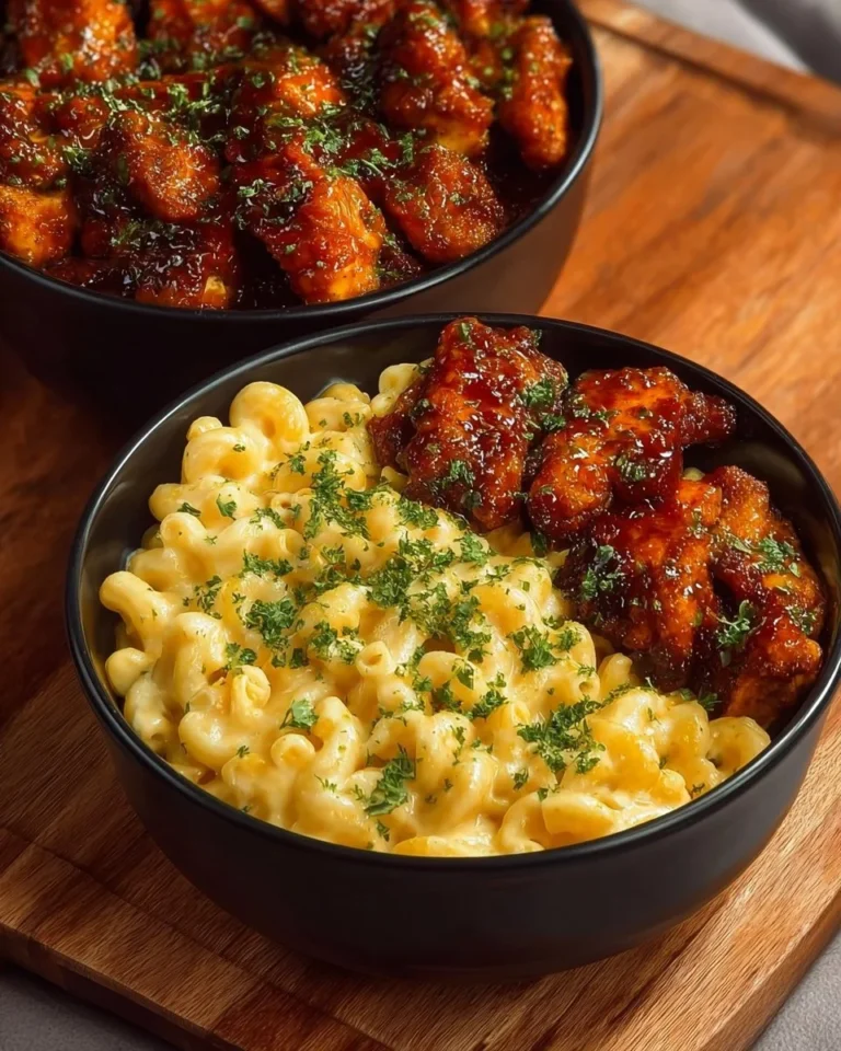 One-Pot Honey BBQ Chicken Mac and Cheese topped with herbs and cheese in a skillet