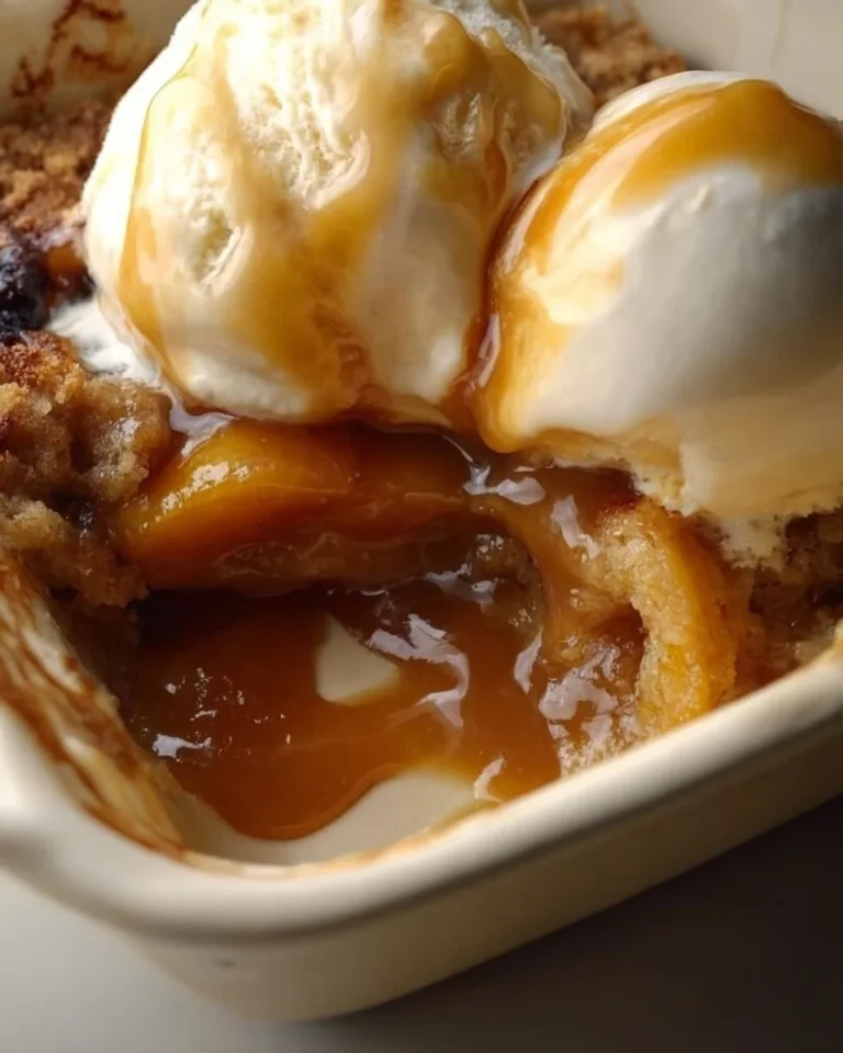 Delicious homemade peach cobbler served warm with a scoop of vanilla ice cream