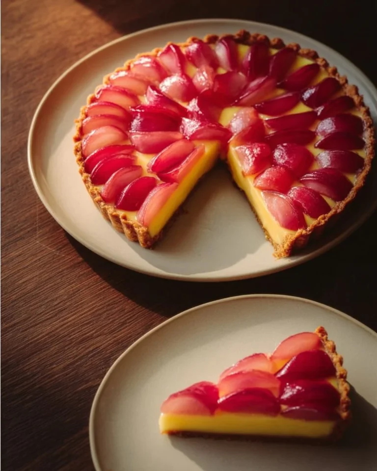 Delicious rhubarb custard tart served on a plate, topped with fresh rhubarb.