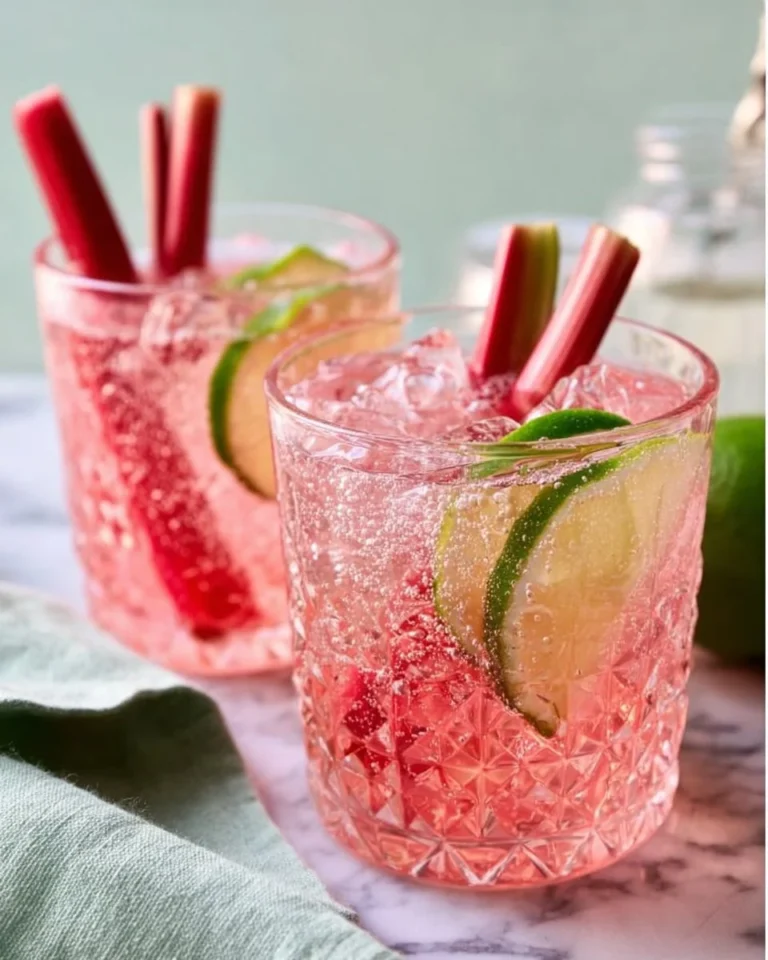 Rhubarb Gin and Tonic cocktail served in a glass with fresh rhubarb garnish.