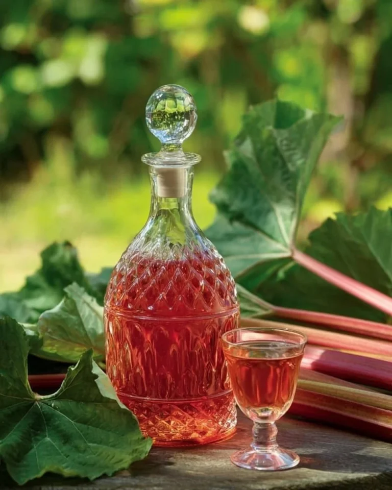 Bottle of homemade rhubarb liqueur with fresh rhubarb stalks