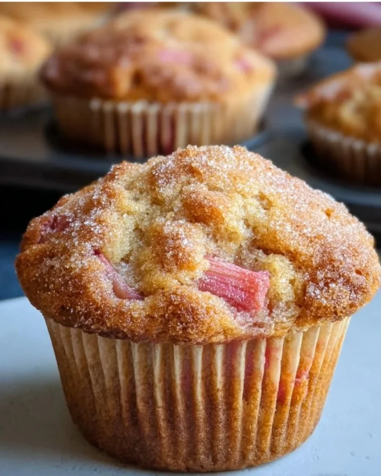 Freshly baked rhubarb muffins with a golden brown crust and juicy rhubarb pieces