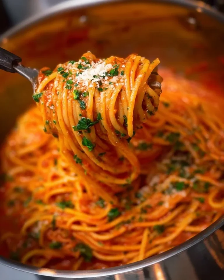 Bowl of creamy roasted red pepper pasta garnished with fresh herbs