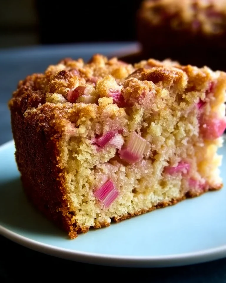 Sour cream rhubarb coffee cake fresh out of the oven, topped with a crumbly streusel.