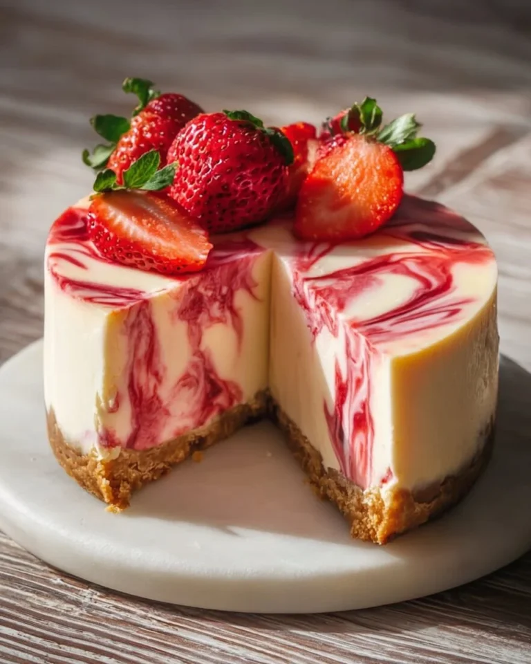 Delicious strawberry swirl cheesecake topped with fresh strawberries and whipped cream